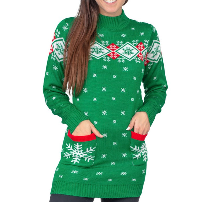 Costume Agent Ugly Christmas Sweater Dress Lights Red Reindeer Snowflakes Knit Sweater, Women's, Size: XS, Green