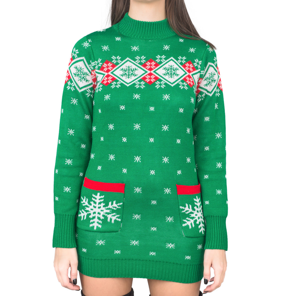 Costume Agent Ugly Christmas Sweater Dress Lights Red Reindeer Snowflakes Knit Sweater, Women's, Size: XS, Green