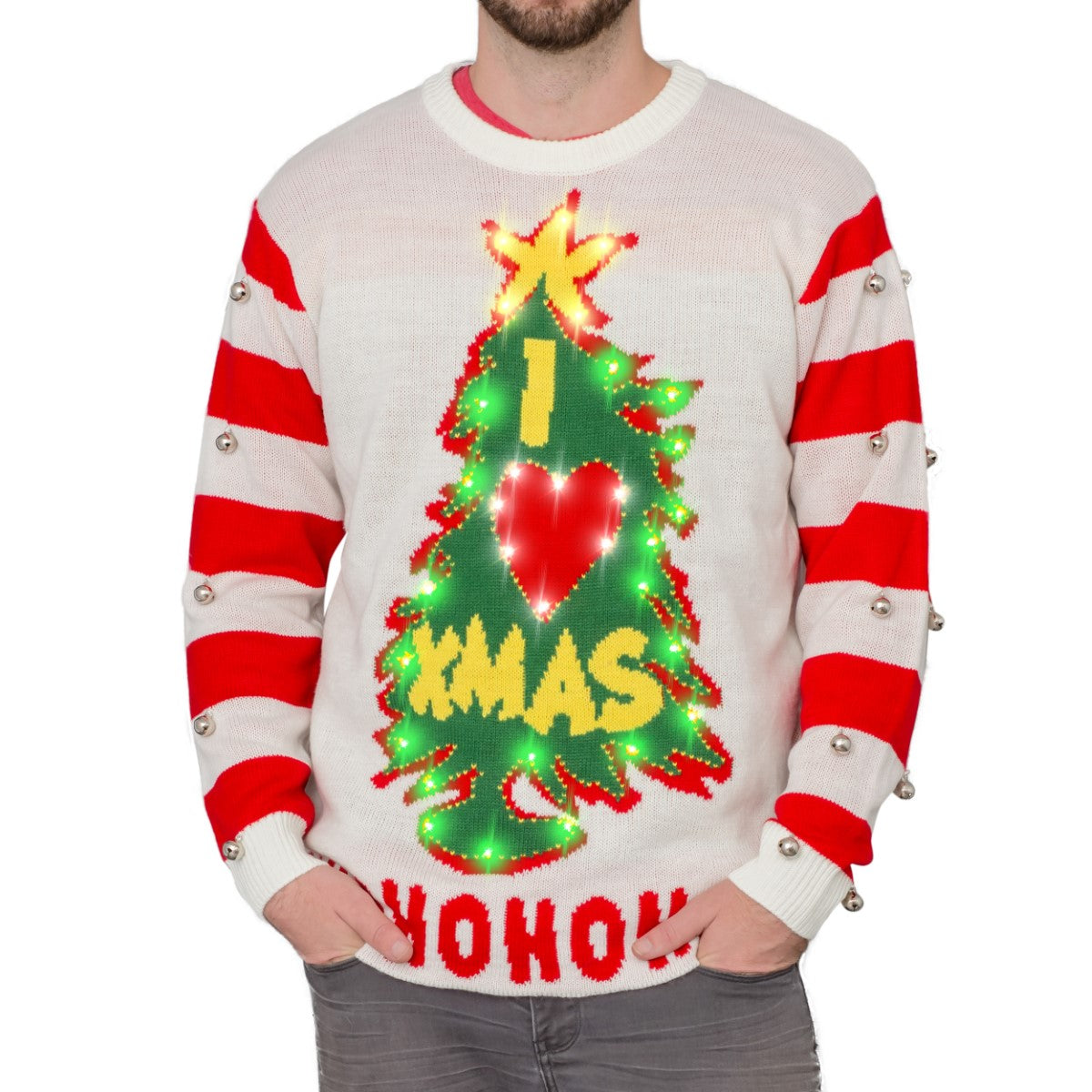 I Love Xmas HOHOHO Grinch Light Up (LED) Christmas Tree and Star Ugly Christmas Sweater 1