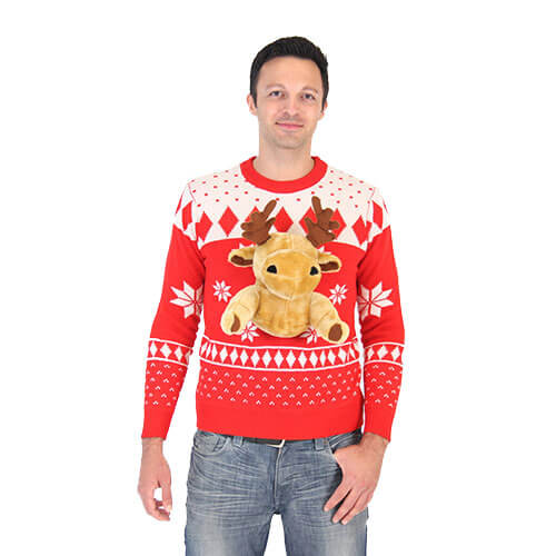 Red 3D Christmas Sweater with Stuffed Moose