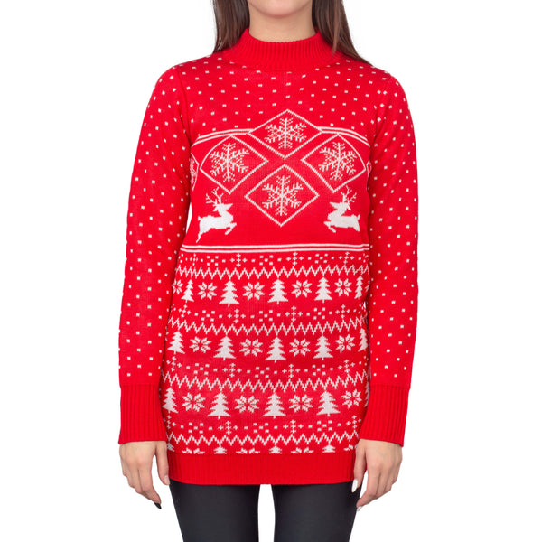 Red Reindeer Womens Ugly Christmas Sweater Dress-1