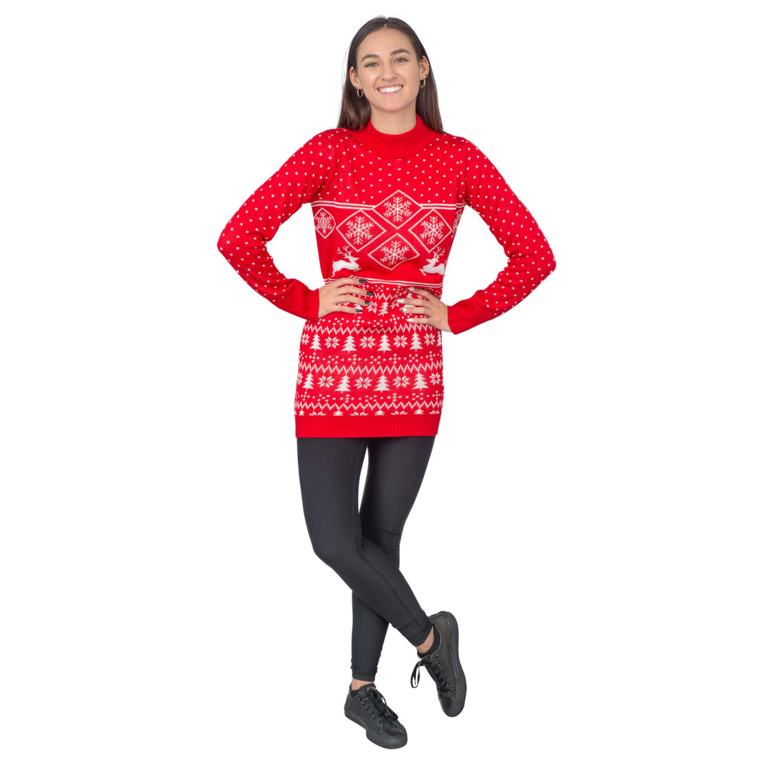 Red Reindeer Womens Ugly Christmas Sweater Dress - L Red Reindeer Womens Ugly Christmas Sweater Dress - L