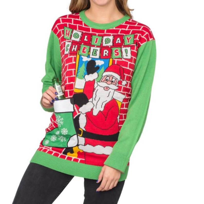 Women’s Holiday Cheers! Santa with Beer Holder Stocking Ugly Christmas Sweater 3