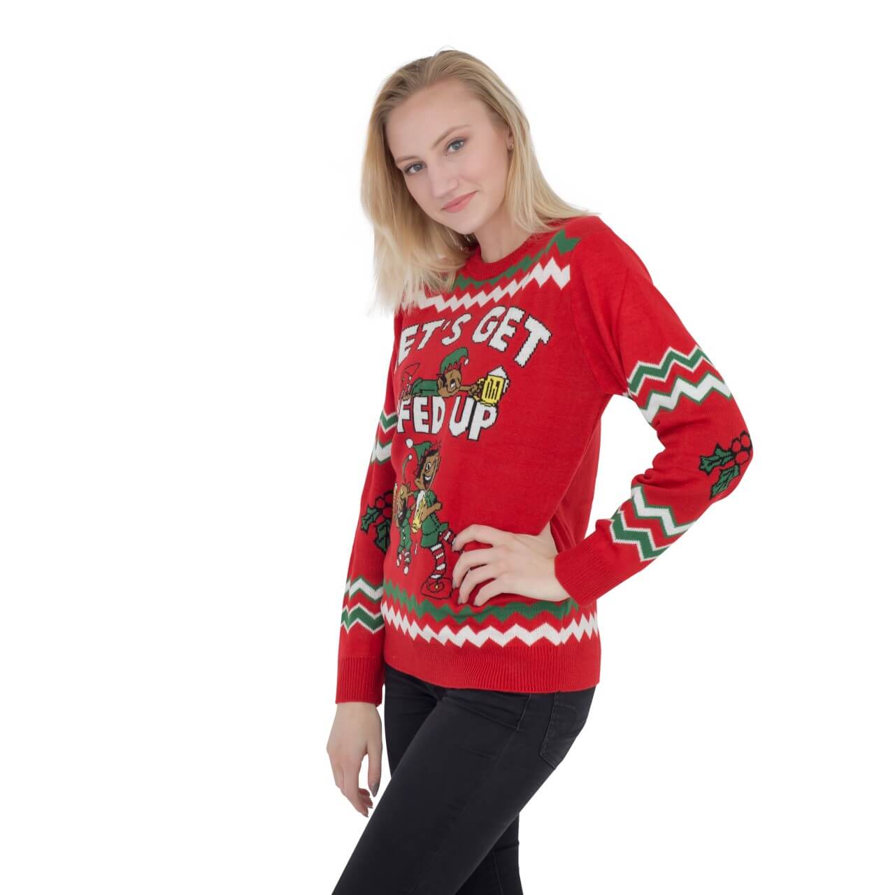Women’s Let’s Get Elfed Up Drunken Elves Ugly Christmas Sweater Side