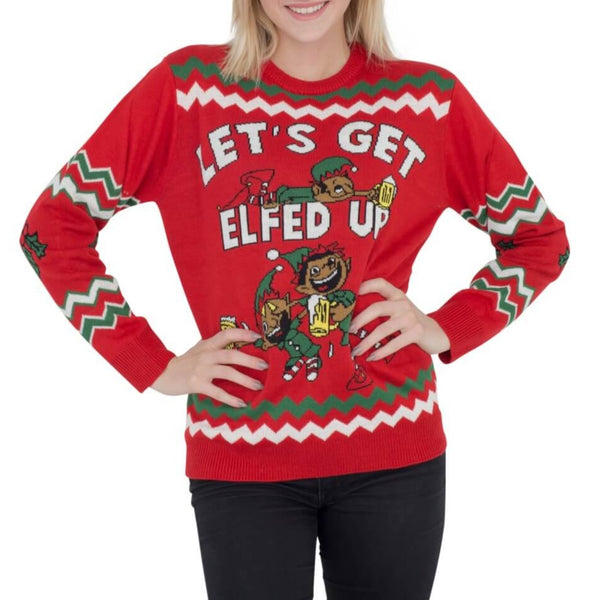 Women’s Let’s Get Elfed Up Drunken Elves Ugly Christmas Sweater