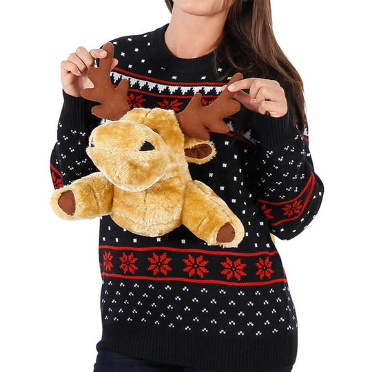 Women's Black 3D Sweater with Stuffed Moose - Front