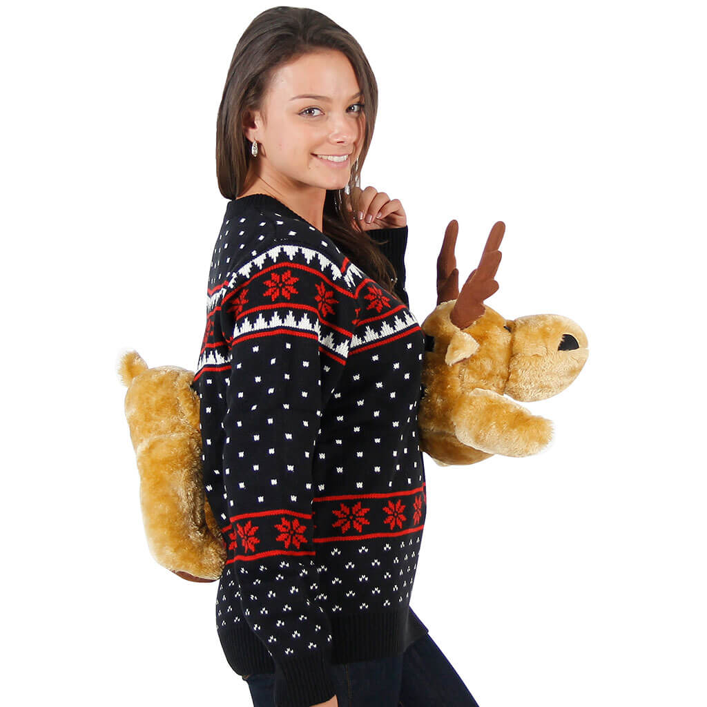 Women's Black 3D Sweater with Stuffed Moose - Side