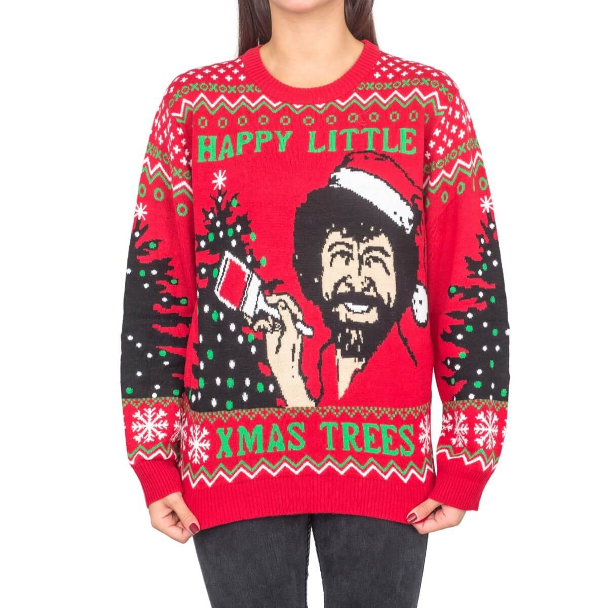 Women's Bob Ross Happy Little Xmas Trees Ugly Christmas Sweater-1