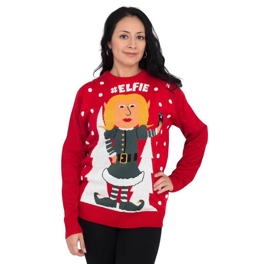 Womens #Elfie Hashtag Ugly Christmas Sweater