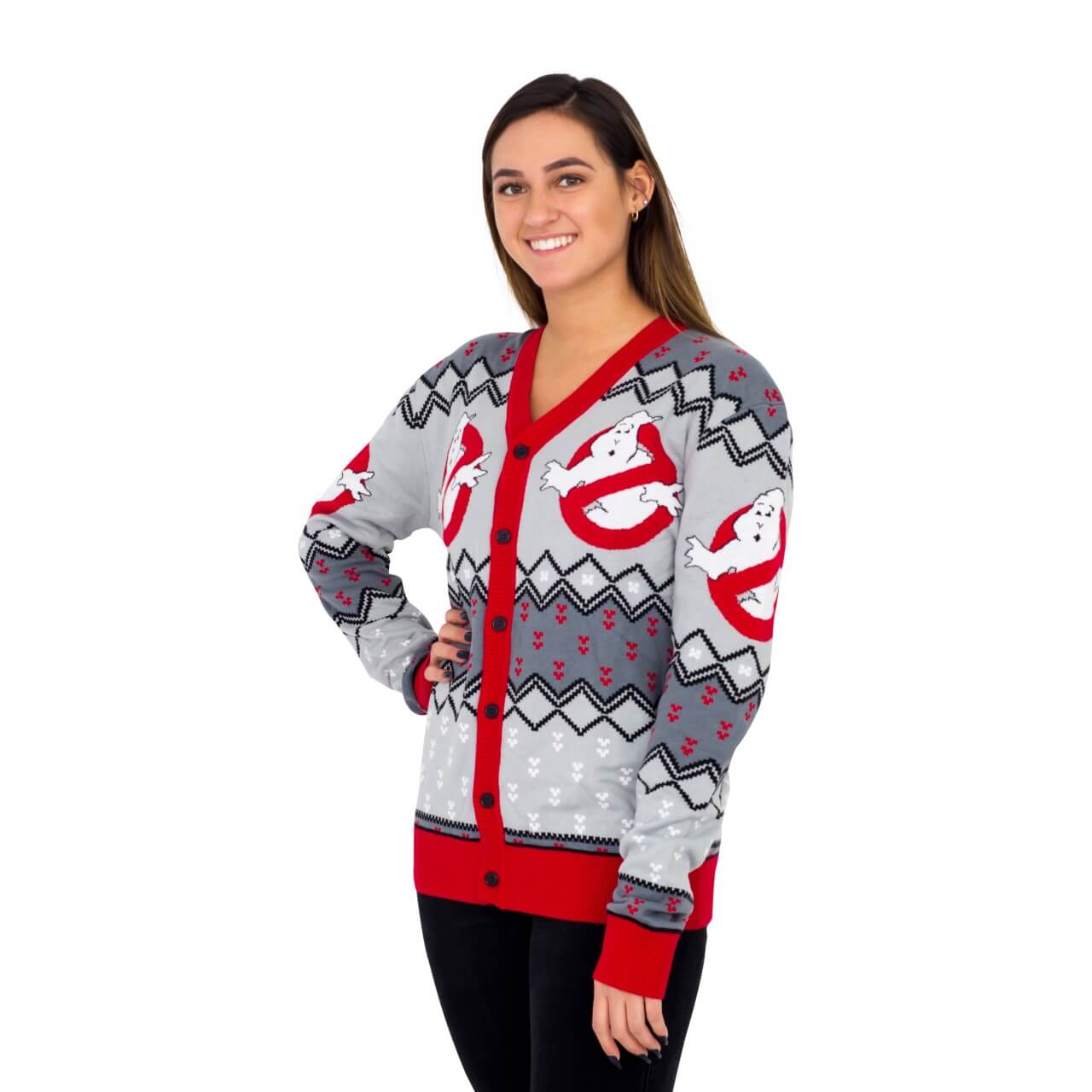 Women's Ghostbusters Logo Ugly Christmas Cardigan Sweater Side