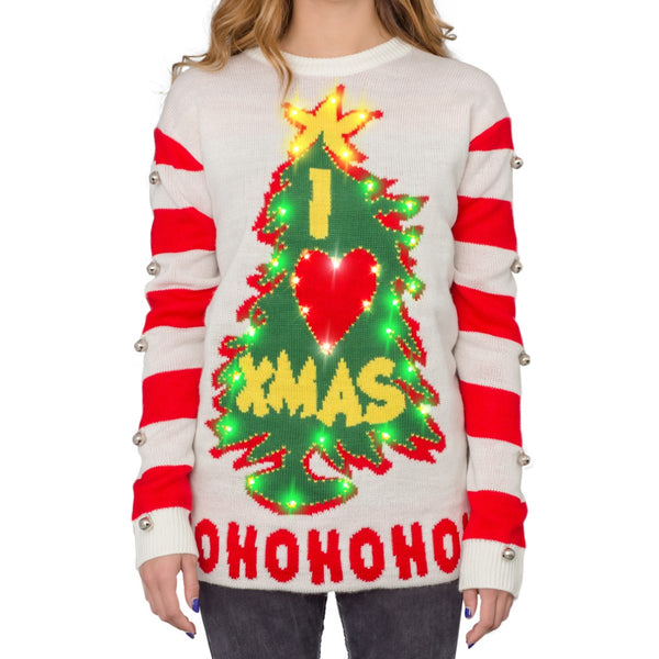 Women's I Love Xmas HOHOHO Grinch Light Up (LED) Christmas Tree and Star Ugly Christmas Sweater 1