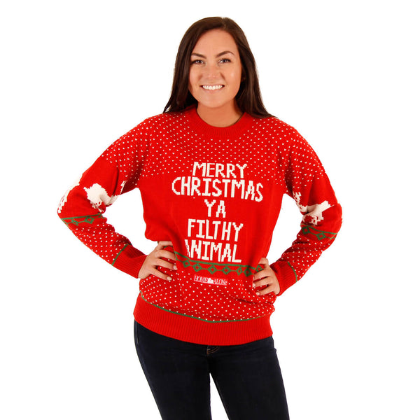 Womens Red Home Alone Merry Christmas Ya Filthy Animal Sweater