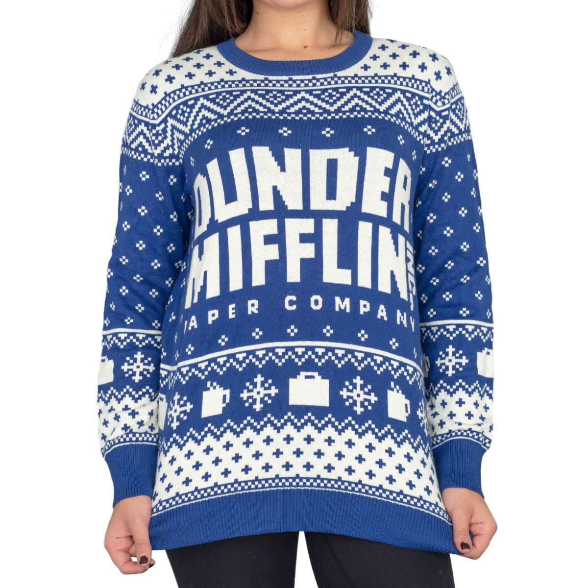 Women's The Office Dunder Mifflin Blue Ugly Christmas Sweater 1