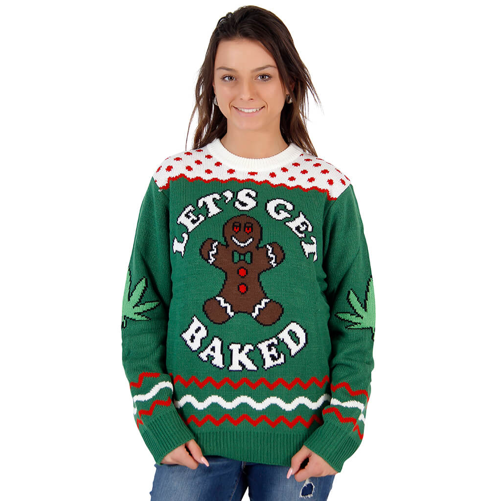 Womens Lets Get Baked Happy Gingerbread Tacky Christmas Sweater 